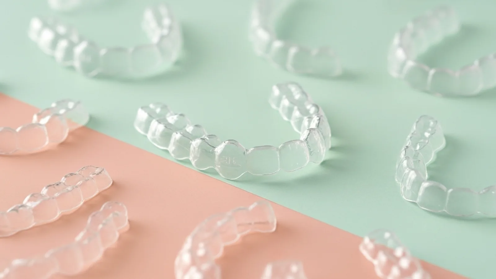 Série de gouttières orthodontiques transparentes disposées sur un fond bicolore