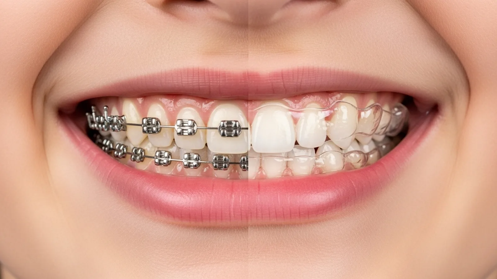 Comparaison en gros plan entre des bagues orthodontiques métalliques et céramiques