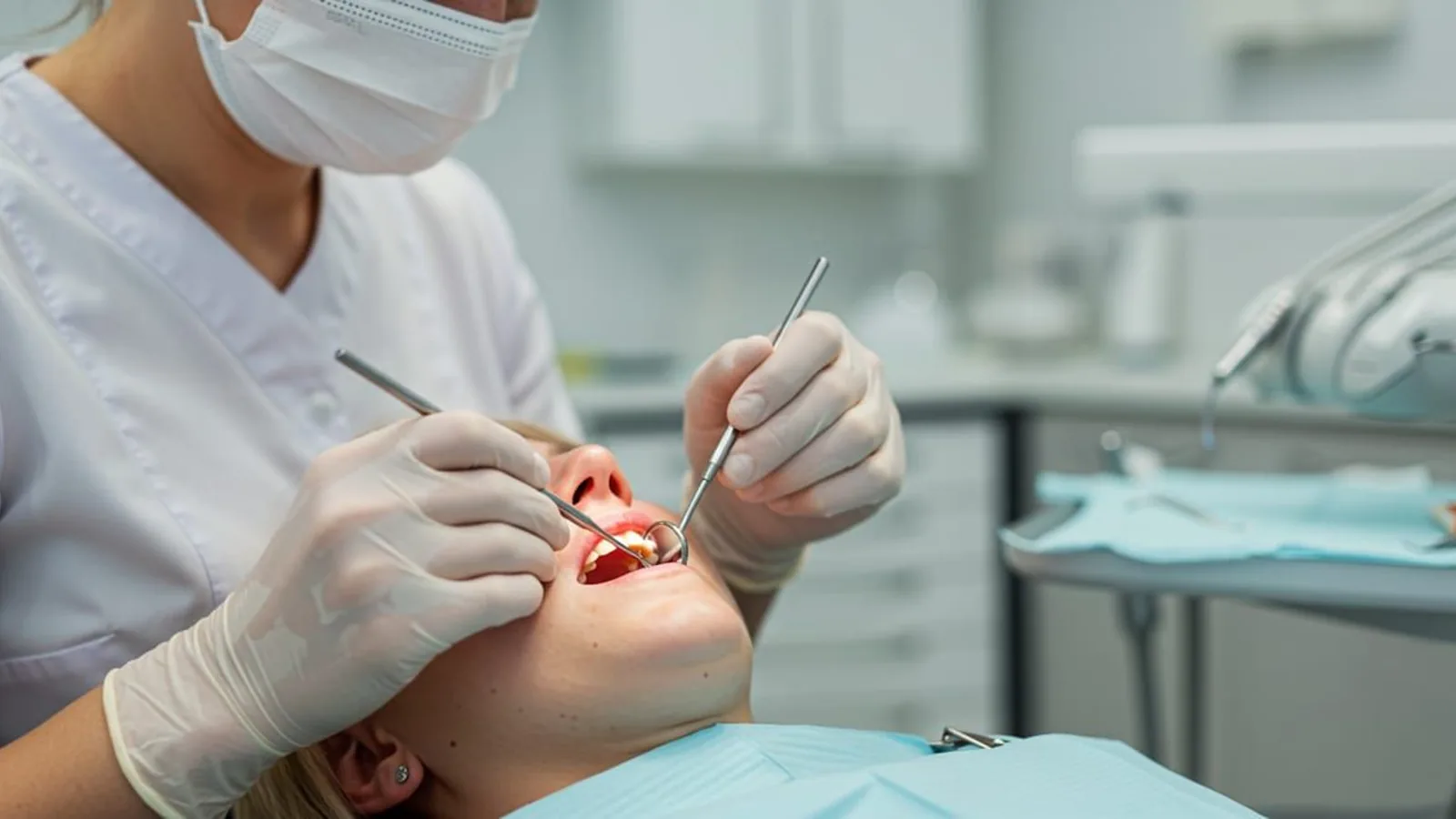 Praticienne intervenant avec une curette et un miroir dans la bouche d’une patiente allongée