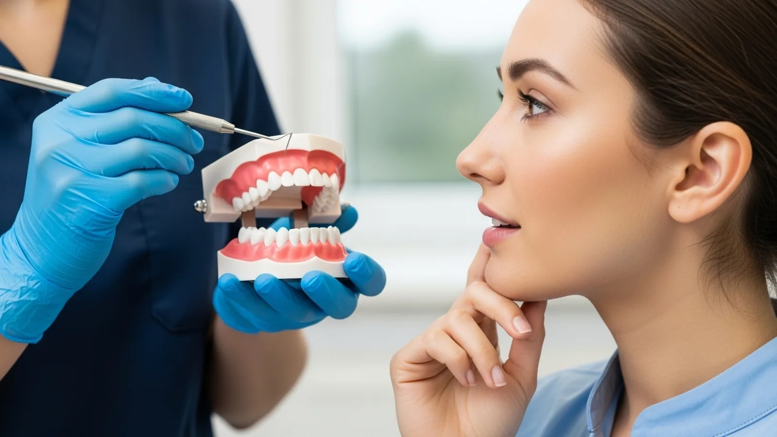 Praticienne présentant un modèle de mâchoire dentaire à une patiente attentive