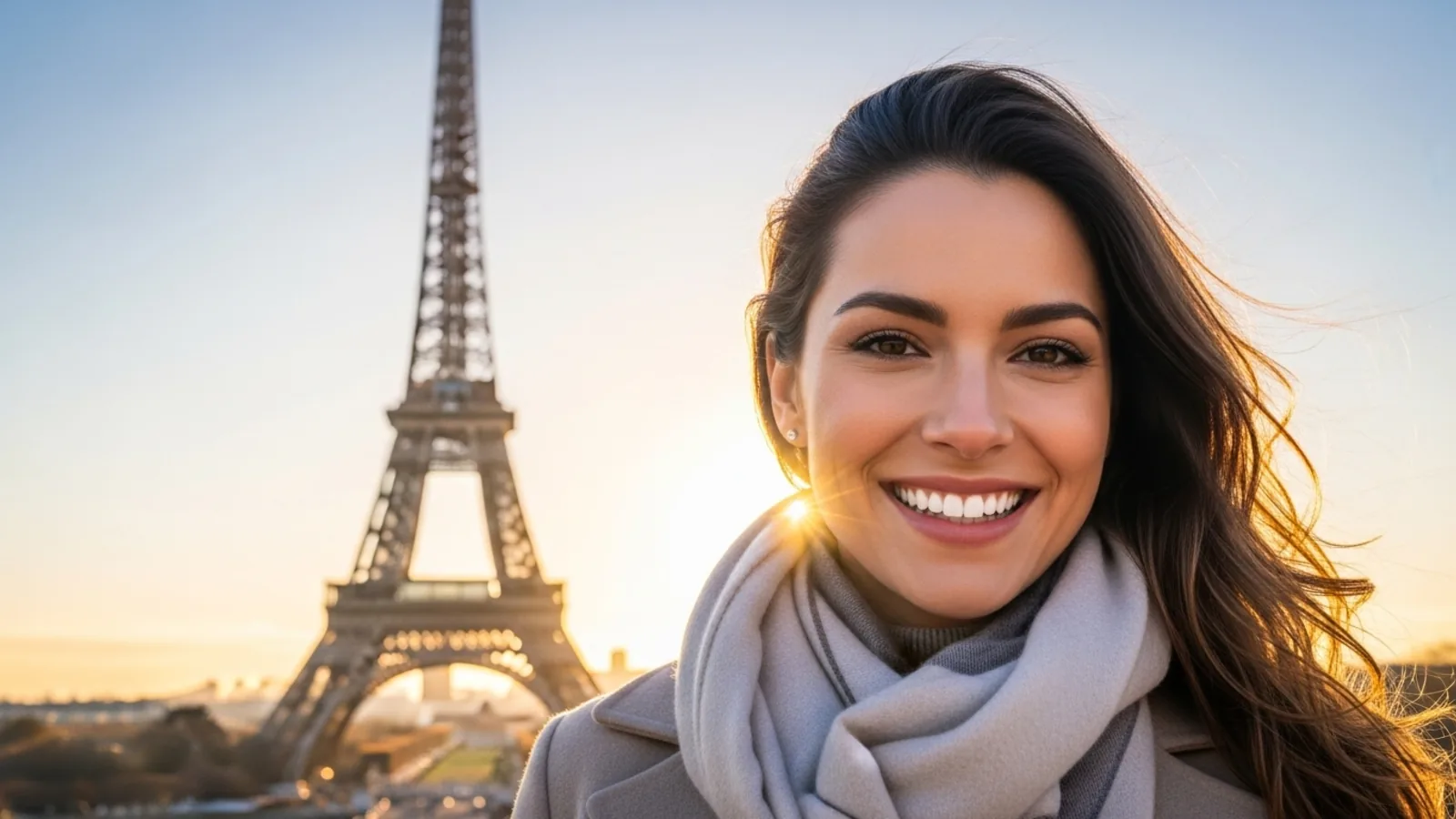 Femme souriante devant la tour Eiffel au coucher du soleil