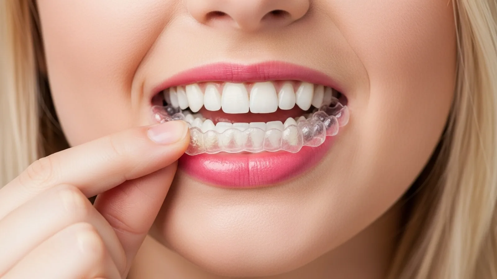 Patiente mettant en place une gouttière orthodontique transparente sur ses dents
