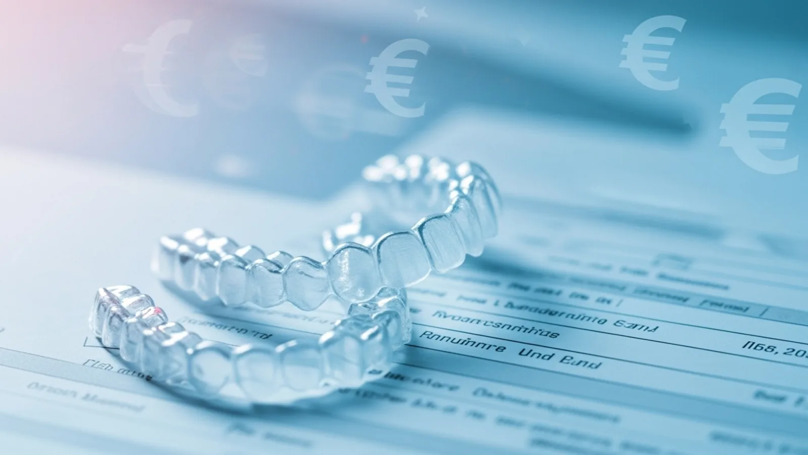 Gouttières orthodontiques posées sur un document de remboursement, symboles euro en surimpression