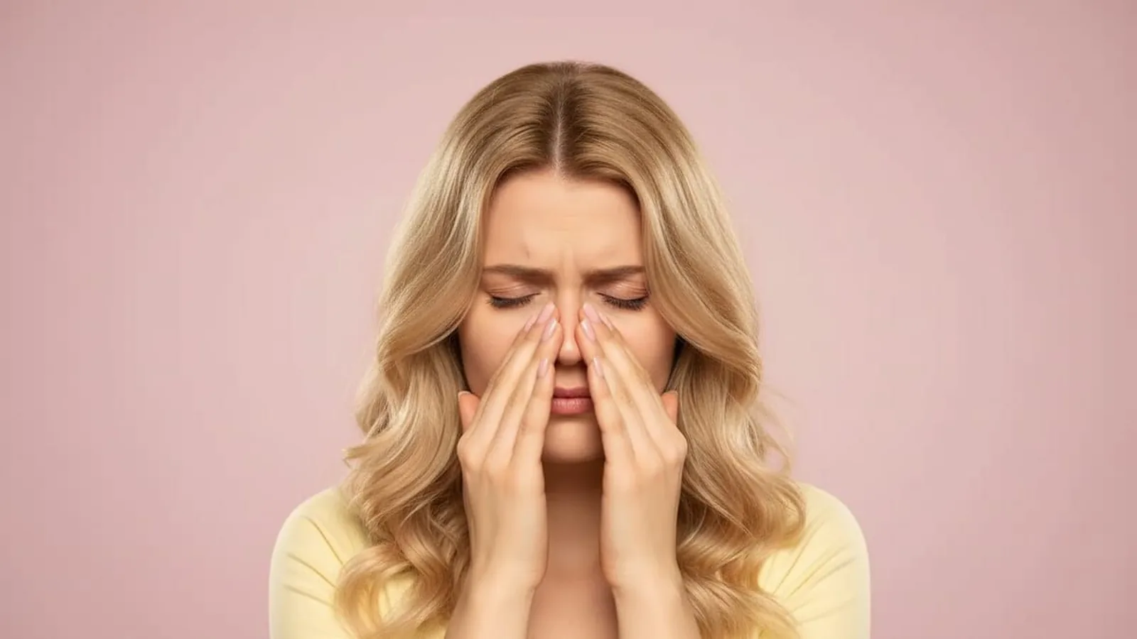 Femme les yeux fermés pressant des deux mains la zone des sinus de part et d’autre du nez